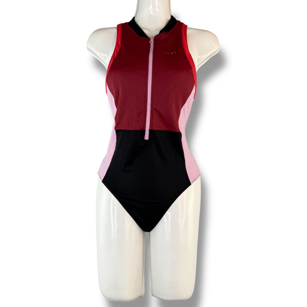 Roxy One Piece Pink/Red Block Color Zip Up Sleeveless Swimsuit Size S